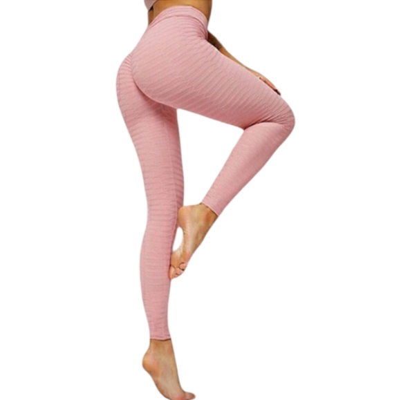 Cacia High Rise Scrunch Butt Honeycomb Bubble Jacquard Pink Slimming Leggings L - Picture 2 of 16